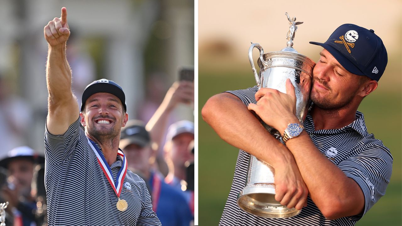 Bryson DeChambeau with his winners medal and trophy after securing the 2024 US Open at Pinehurst No.2