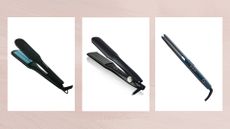 Collage of three of the best straighteners for thick hair from (left to right) Bio:Ionic, ghd and mdlondon, set against a dusky pink watercolour background