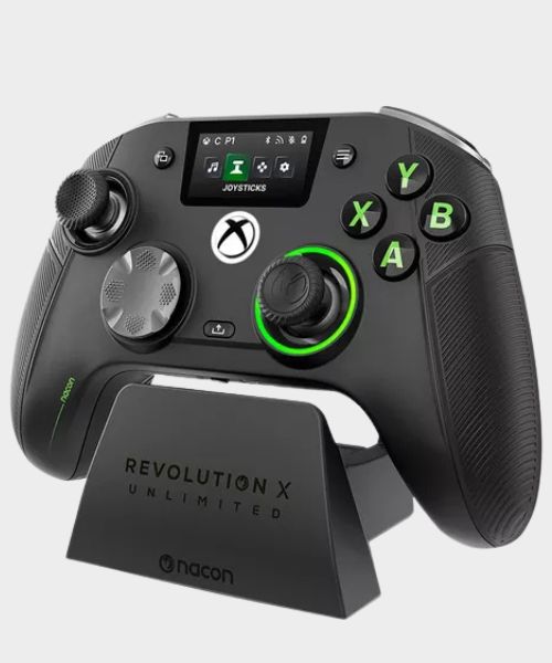 The Nacon Revolution X Unlimited controller and charging stand on a plain background