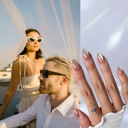 a bride and groom next to a bridal manicure on a silvery background
