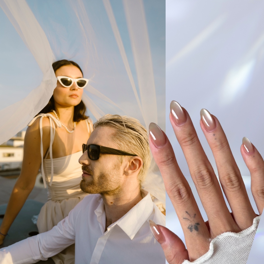 a bride and groom next to a bridal manicure on a silvery background