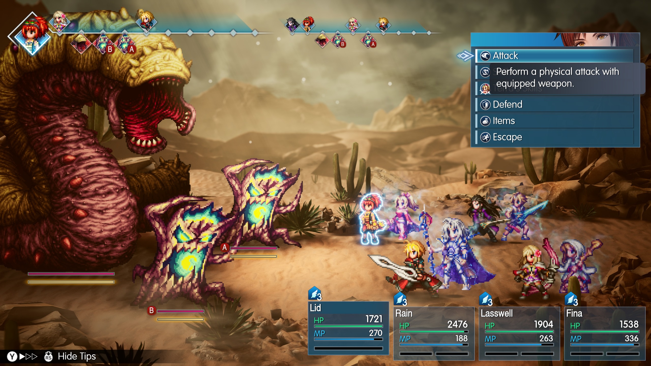 Turn-based pixel-art RPG battle in a desert: heroes face a huge sand worm and animated wooden monsters, with an attack menu and health bars visible.