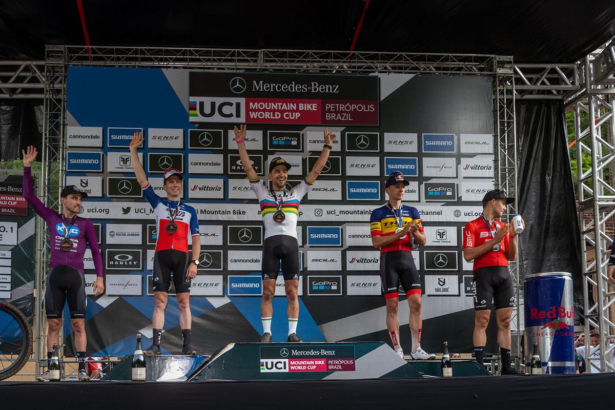 L to r - Sebastian Carstensen Fini, Maxime Marotte, Nino Schurter, Vlad Dascalu, Filippo Colombo