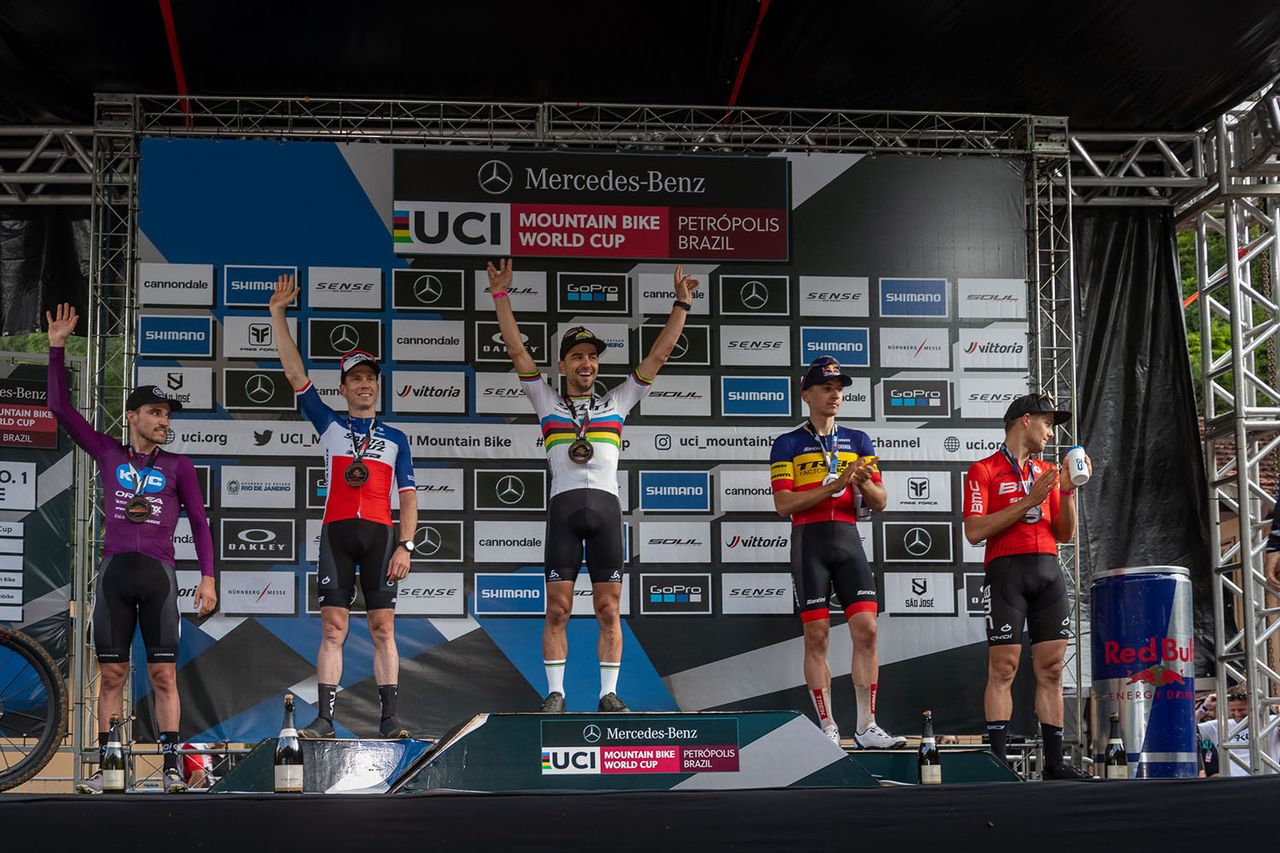 L to r - Sebastian Carstensen Fini, Maxime Marotte, Nino Schurter, Vlad Dascalu, Filippo Colombo