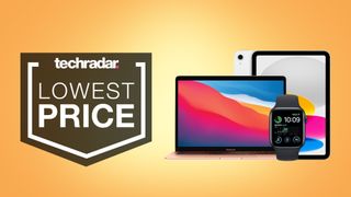 Apple MacBook Air M1, Apple Watch SE 2022, iPad 10.9 on orange background with lowest price text overlay