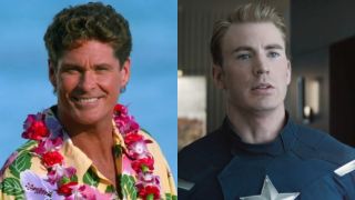From L to R: David Hasselhoff on Baywatch, Chris Evans as Captain America in Avengers: Endgame.