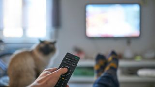 Hand holding remote in the foreground with cat and feet up in front of TV blurred