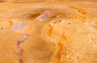 This image shows another candidate supervolcano on Mars, called Oxus Patera. The image was created by draping color images from the High Resolution Stereo Camera draped over digital elevation data from the same instrument. Image released Oct. 2, 2013.