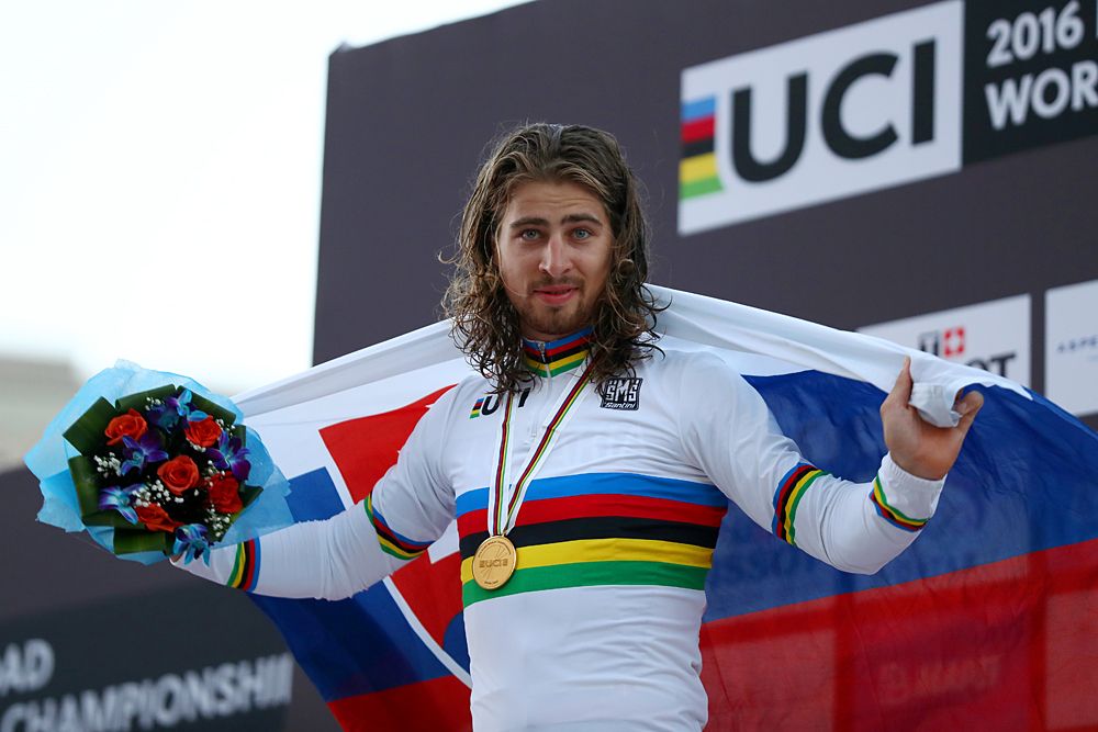 Peter Sagan (Slovakia) puts on a clean rainbow jersey as the 2016 world champion