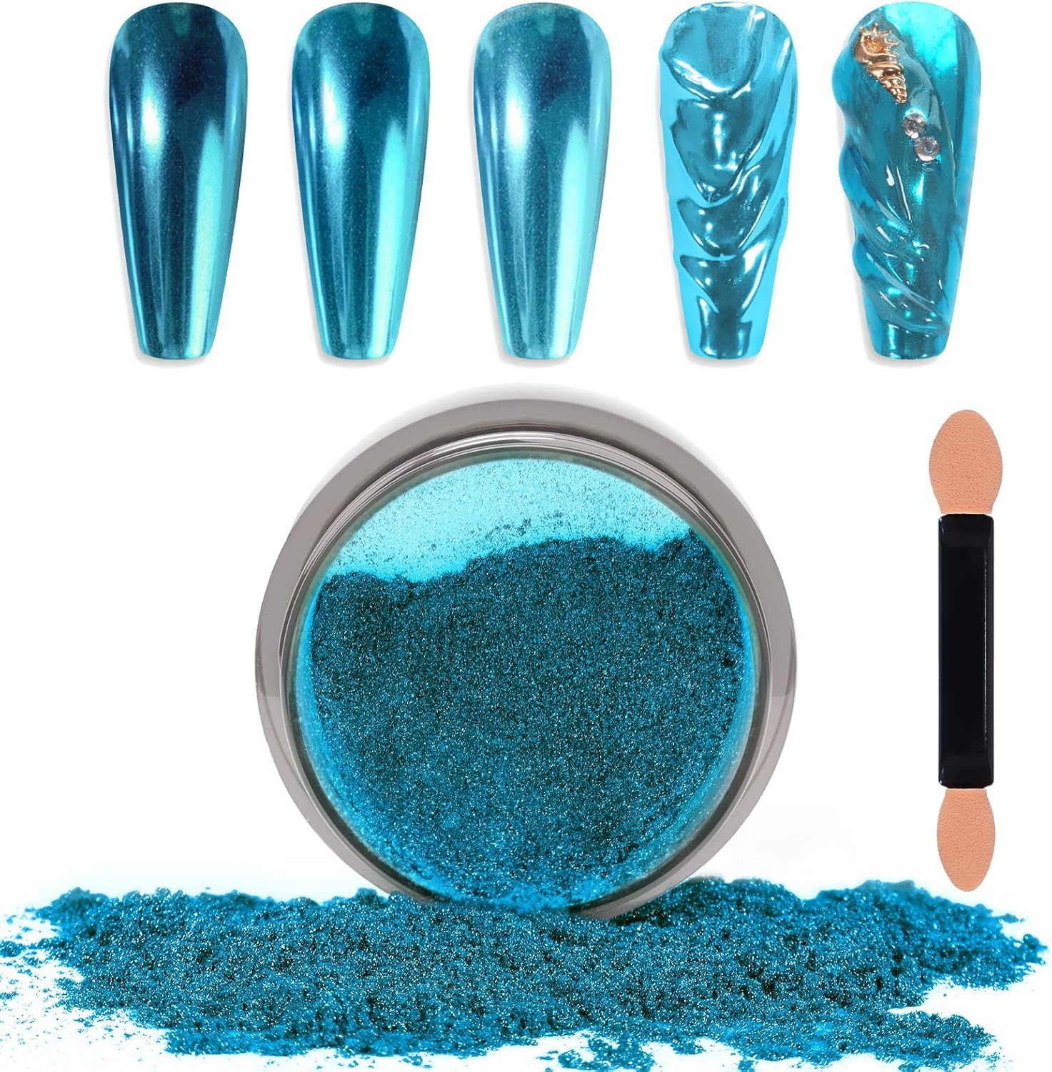 Laza, Laza Chrome Nail Powder Mirror Effect Metallic Dust Holographic Glitter Glazed Manicure Decoration Reflective Pigment for Diy Gel Polish Nail Art, Resin Craft, Gifts - Lake Blue