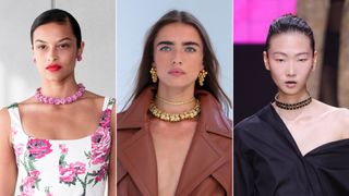 Three models wearing luxe chokers on the catwalk illustrating the jewellery trends 2024