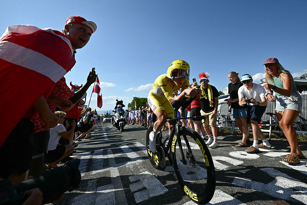 UAE Team Emirates - XRG's Tadej Pogacar wearing the overall leader's yellow jersey rides to second place on stage 16