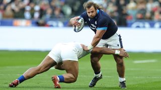 Pierre Schoeman of Scotland is tackled during the Six Nations Rugby match