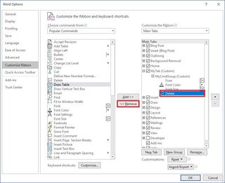 Remove commands from Office ribbon