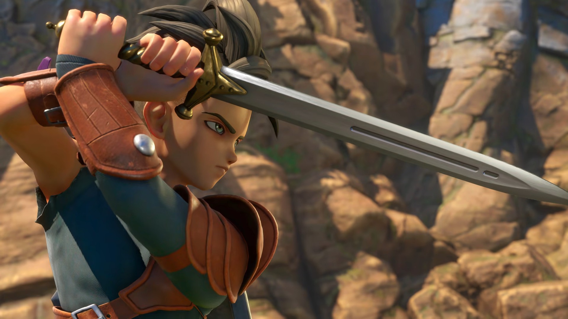 A young man with a mohawk hairstyle takes a fighting stance, holding his sword aloft in the air ready to strike.