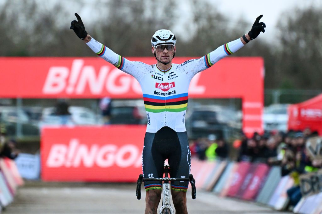 ZONHOVEN BELGIUM DECEMBER 22 Mathieu Van Der Poel of The Netherlands and Team AlpecinDeceuninck celebrates at finish line as race winner during the 28th Zonhoven UCI CycloCross Worldcup 2024 Mens Elite on December 22 2024 in Zonhoven Belgium Photo by Luc ClaessenGetty Images
