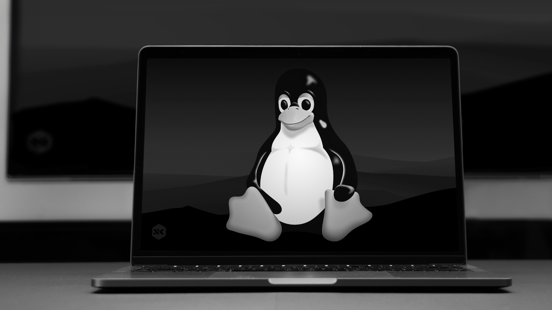 the Linux logo on a laptop screen
