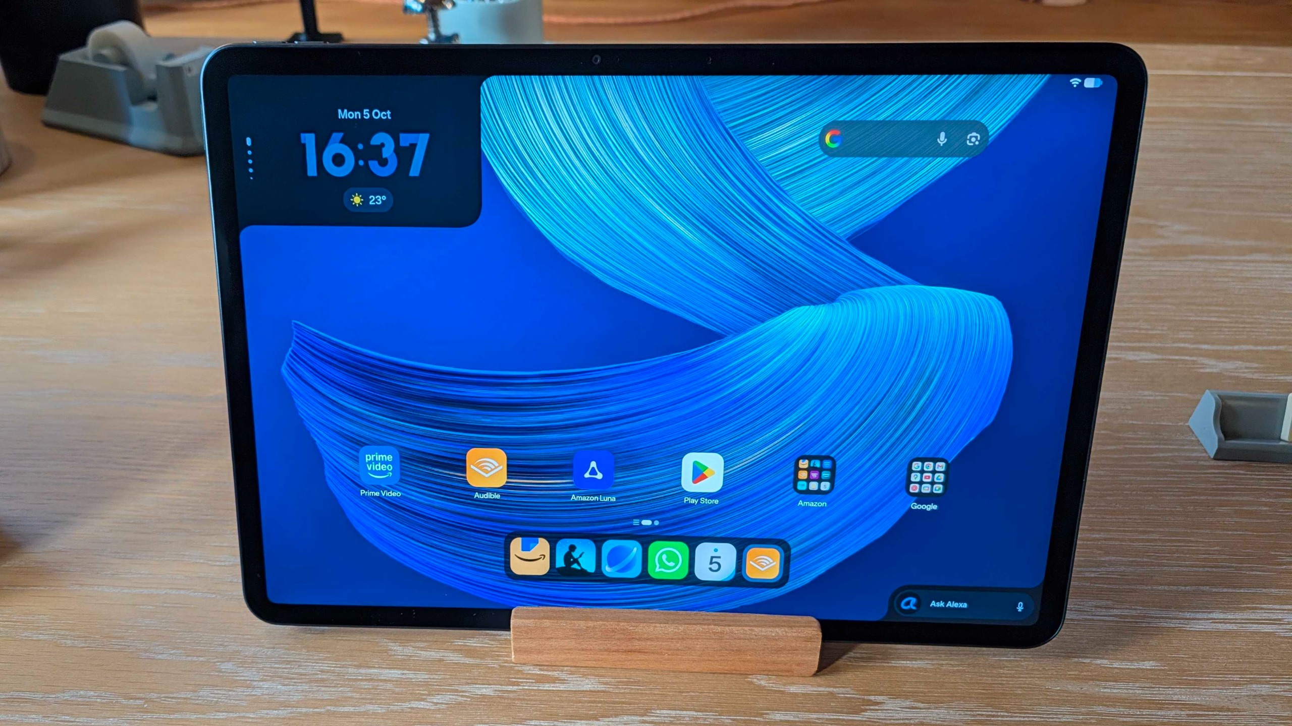 A picture of the Amazon Alexa Tablet 12 Pro landscape on a stand 