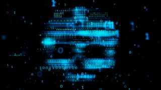 Internet security, virus, big data hacking and malware concept with blurred blue binary code in form of skull symbol on dark background.