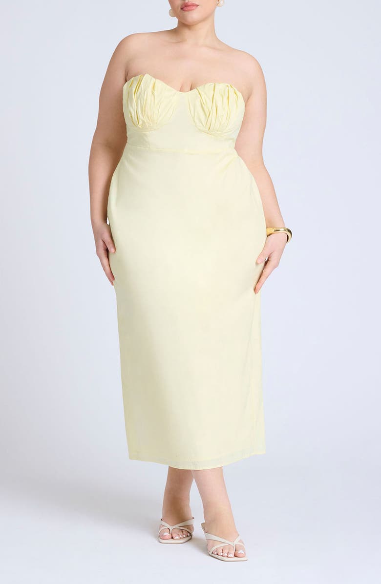 Pleat Detail Strapless Stretch Poplin Midi Dress
