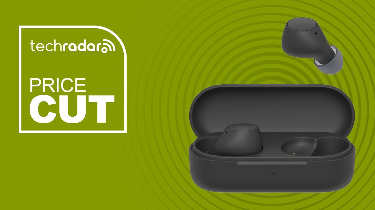 black Sony WF-C510 Truly Wireless Earbuds on green background with price cut TechRadar icon