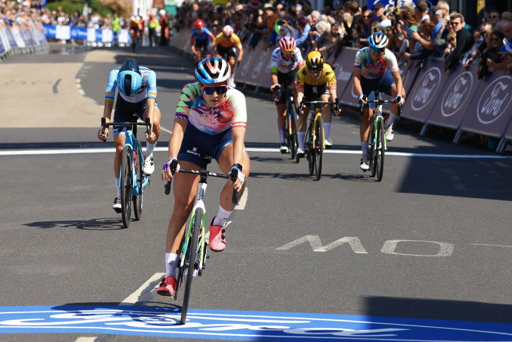 MALDON ENGLAND MAY 27 Chloe Dygert of The United States and Team CanyonSRAM Racing sprint at finish line to win the 6th RideLondon Classique 2023 Stage 2 a 1331km stage from Maldon to Maldon UCIWWT on May 27 2023 in Maldon England Photo by Stephen PondGetty Images