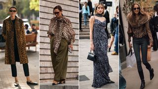 Split image of guests attending the London, New York, Milan, and Paris spring/summer 2025 fashion week shows wearing leopard print