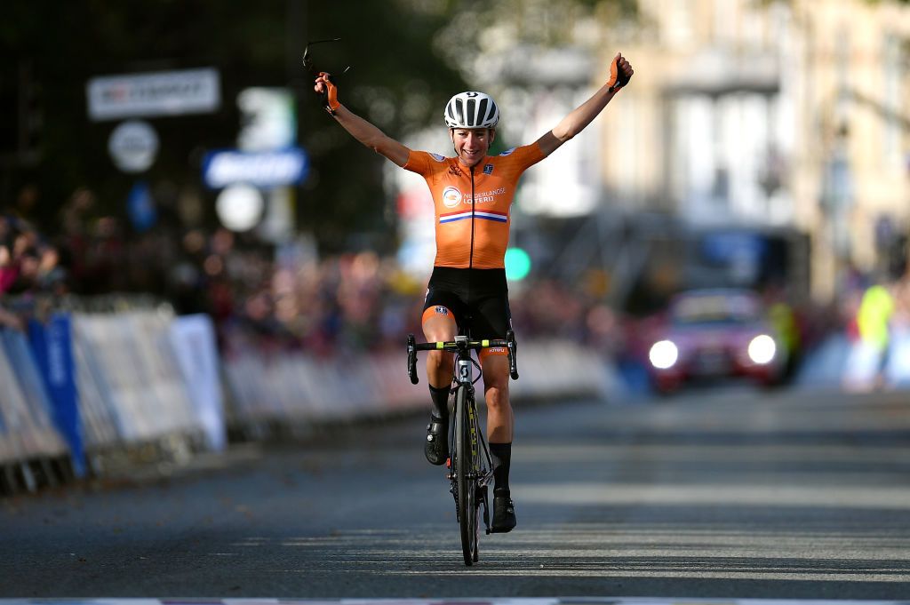 HARROGATE ENGLAND SEPTEMBER 28 Arrival Annemiek Van Vleuten of The Netherlands Celebration during the 92nd UCI Road World Championships 2019 Women Elite Road Race a 1494km race from Bradford to Harrogate 125m Yorkshire2019 Yorkshire2019 on September 28 2019 in Harrogate England Photo by Justin SetterfieldGetty Images