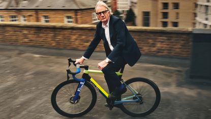 Sir Paul Smith aboard his special edition Factor Ostro VAM road bike