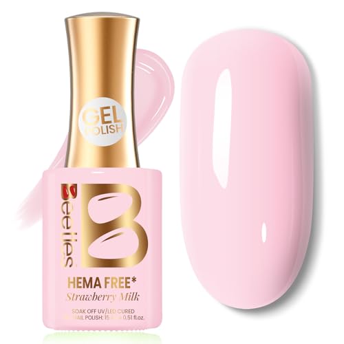 Beetles Pink Gel Nail Polish, Pastel Spring Gel Polish, Milky Light Pink Strawberry Milk Color, Uv Led Soak Off Long Lasting Salon Diy Home Manicure Nail Art Gift for Women 15ml Full Size/0.51fl Oz