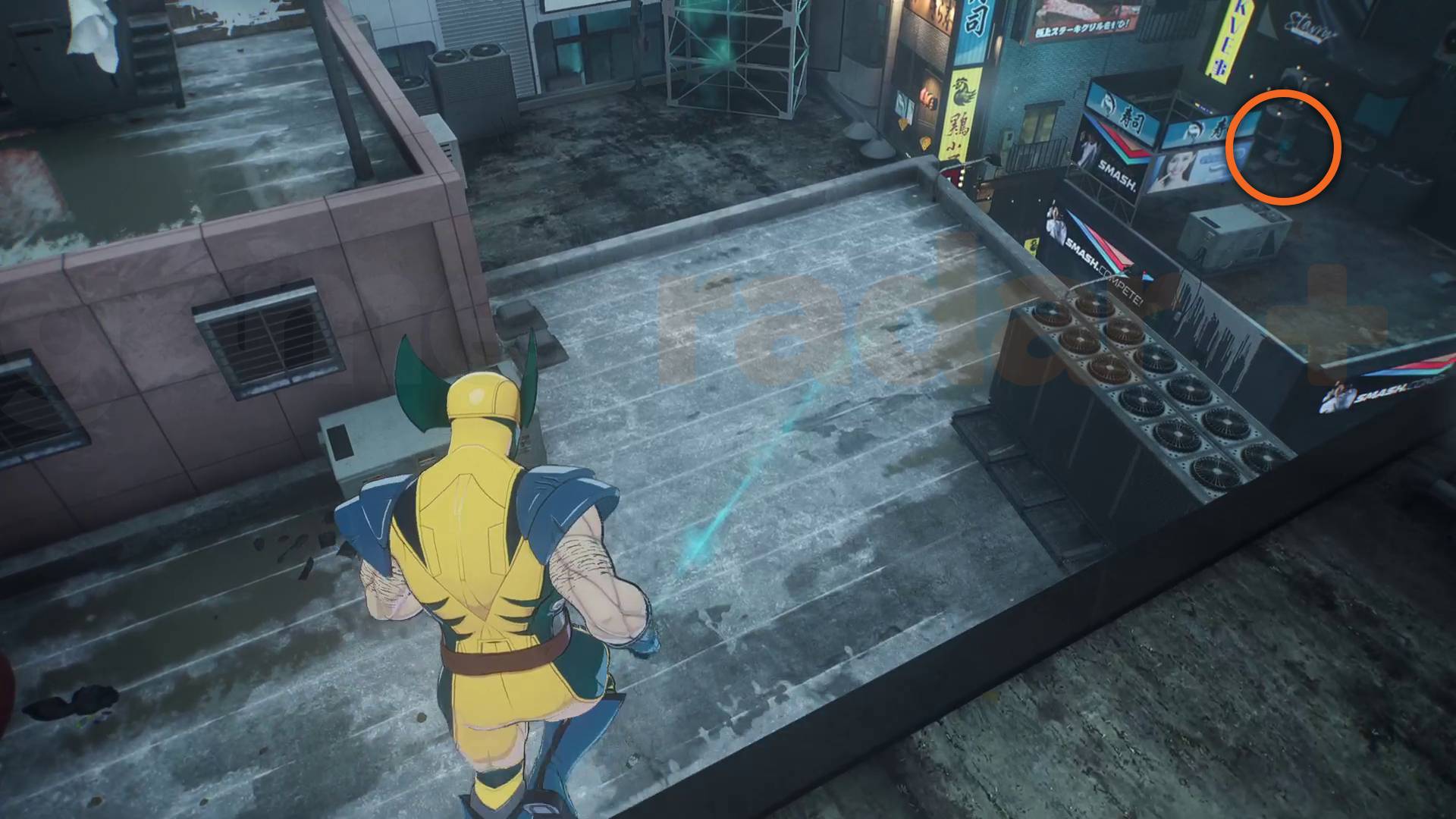 Marvel's Wolverine whiskey bottle marked on distant rooftop in Kabukicho in In the Shadows