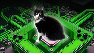 Conceptual illustration of a cat sitting on a computer chip.