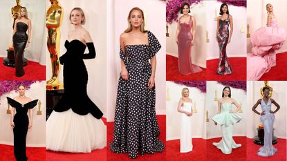 A collage of the fashion trends on the Oscars 2024 red carpet