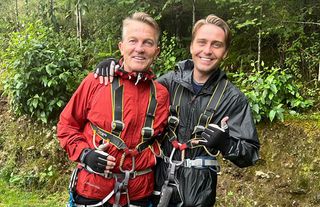 Bradley and Barney Walsh in Mexico for Breaking Dad season 5 wearing climbing harnesses and waterproof coats. 