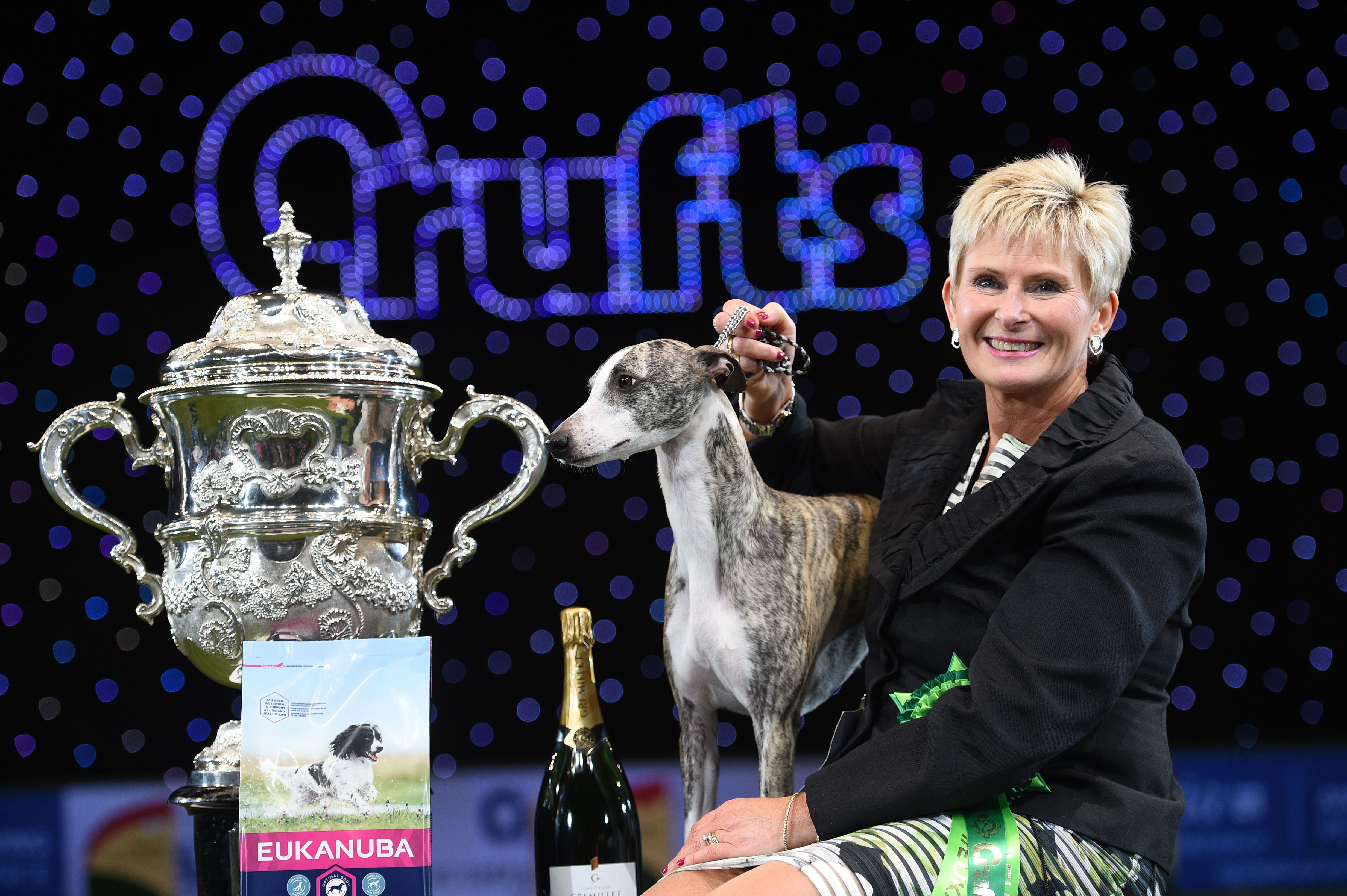 Whippet Collooney Tartan Tease with handler Ms Yvette Short and the Crufts Best in Show trophy at the NEC in Birmingham, 2018.