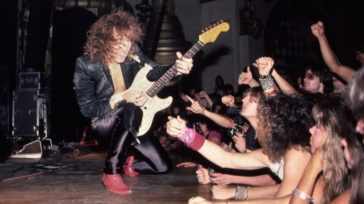 Swedish Rock and Heavy Metal musician Yngwie Malmsteen (born Lars Johan Yngve Lannerback) plays guitar as he performs onstage at the Beacon Theatre, New York, New York, July 18, 1985.