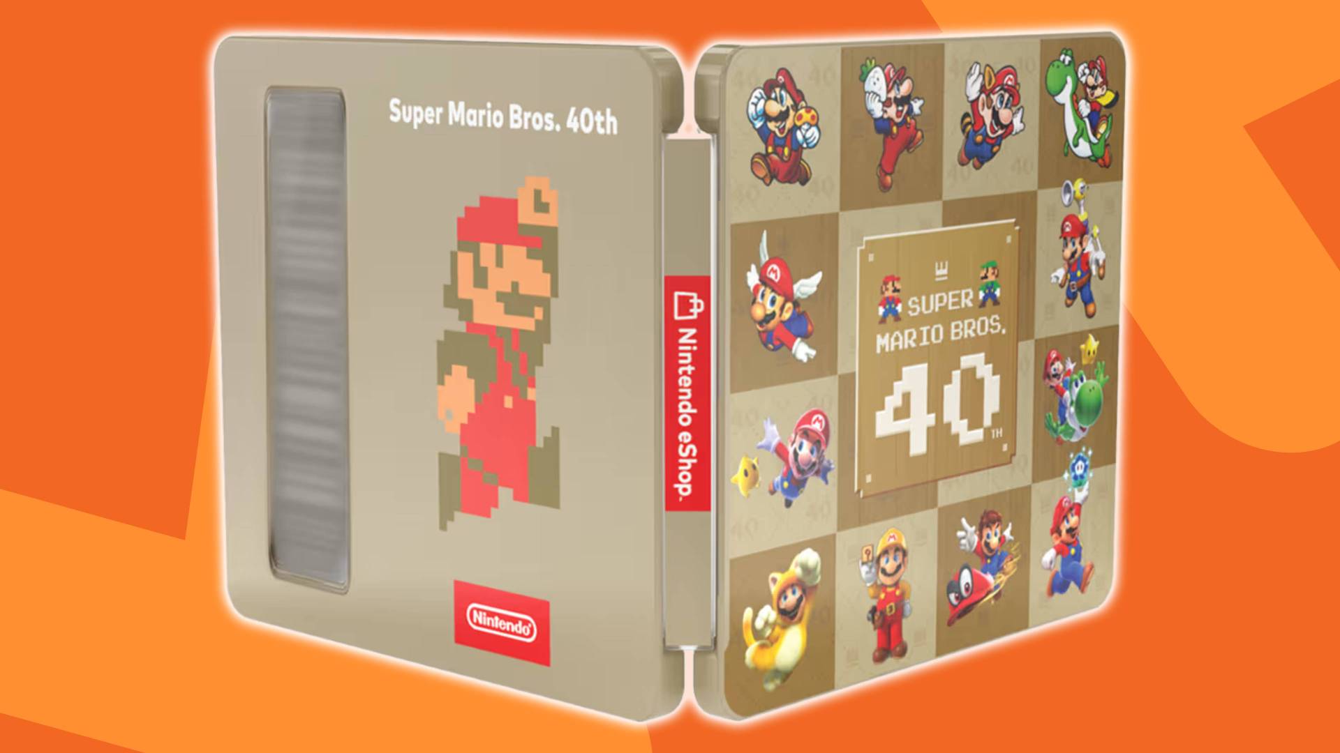 Image of the Super Mario Bros 40th Anniversary Collectible Game Case, with an orange GamesRadar+ background.