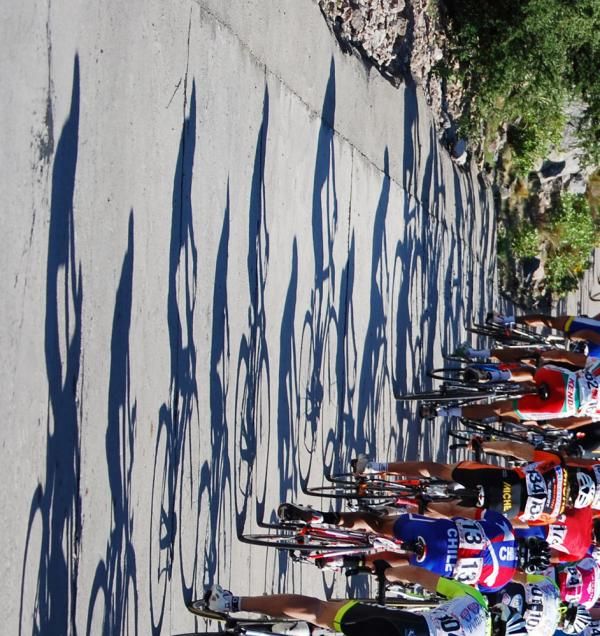The peloton's shadows stretch themselves out on the climb