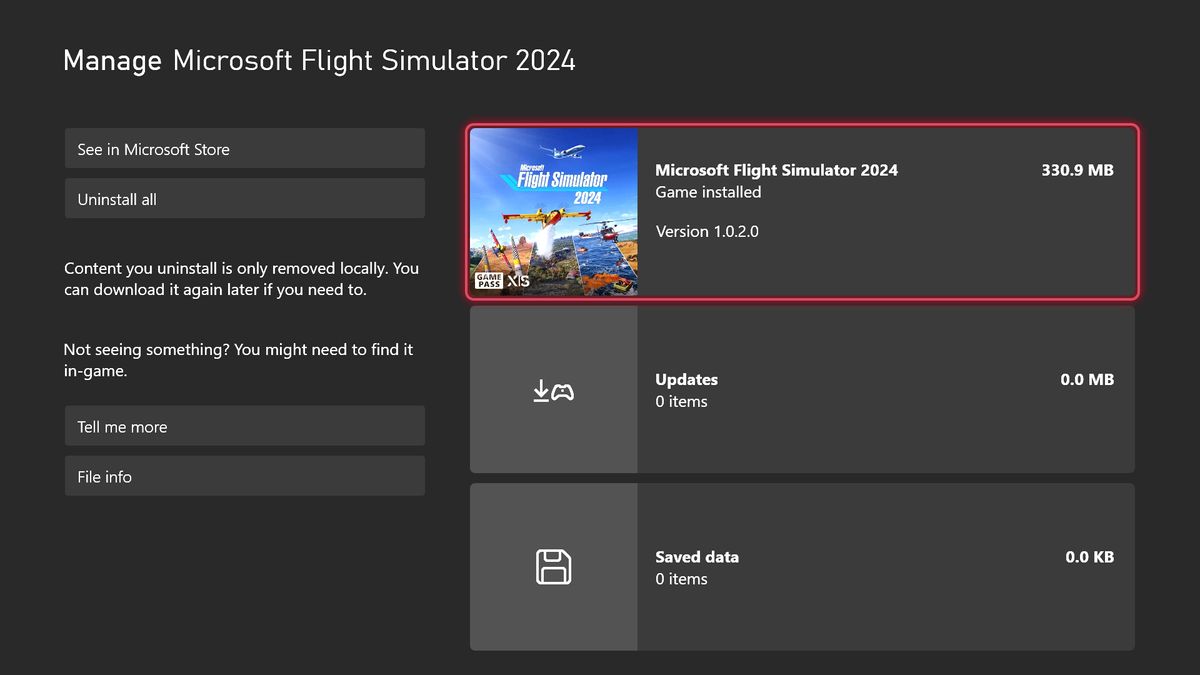 Microsoft Flight Simulator 2024 pre-install size on Xbox Series X