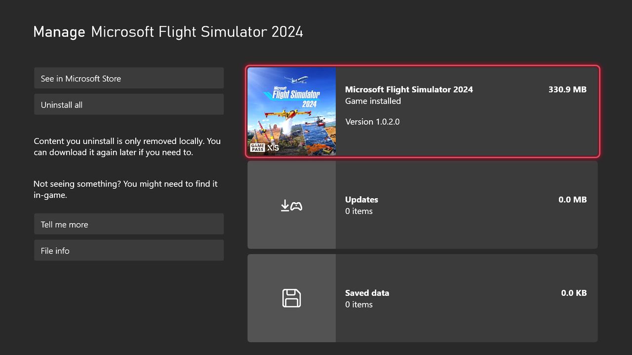 Microsoft Flight Simulator 2024 pre-install size on Xbox Series X