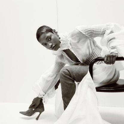 Keke Palmer wearing white dress and jeans for Marie Claire's Mogul Issue