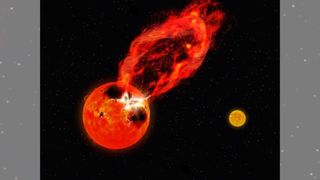 A distant red star erupting with a fiery flare that extends far off the star's surface