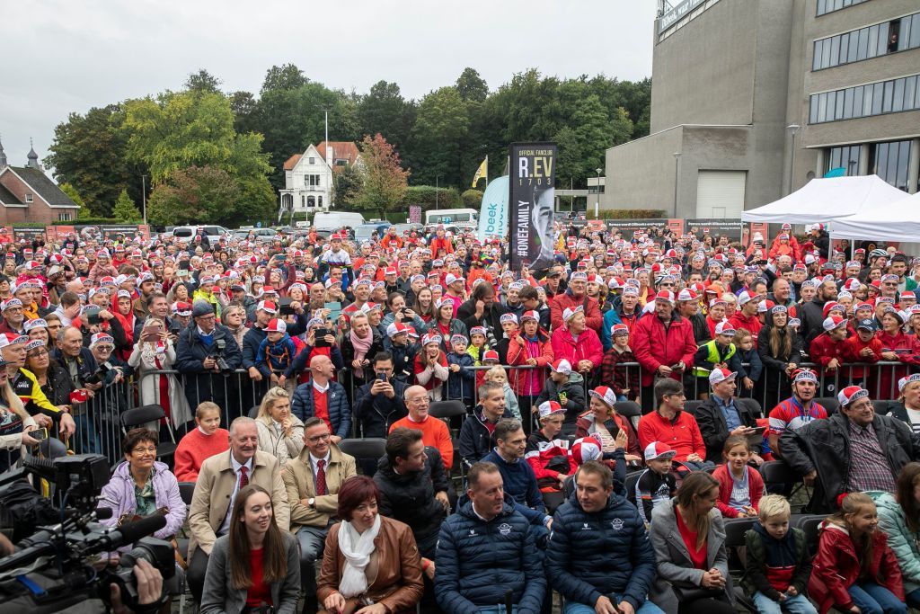 Supporters at the celebration of world champion Evenepoel in Dilbeek and start of a big bike ride to Brussels Sunday 02 October 2022 22 years old Evenepoel from Schepdael Dilbeek became world champion after a great season with a win at the Vuelta first Belgian in 44 years to win a big tour BELGA PHOTO HATIM KAGHAT Photo by HATIM KAGHAT BELGA MAG Belga via AFP Photo by HATIM KAGHATBELGA MAGAFP via Getty Images