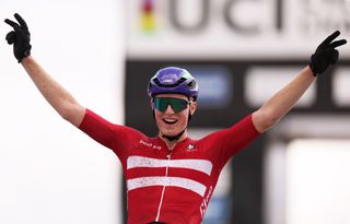 GLENTRESS FOREST PEEBLES SCOTLAND AUGUST 10 EDITORS NOTE Alternate crop Albert Philipsen of Denmark celebrates at finish line as race winner during Men Junior Crosscountry Olympic at the 96th UCI Cycling World Championships Glasgow 2023 Day 8 UCIWT on August 10 2023 in Glentress Forest Peebles Scotland Photo by Dean MouhtaropoulosGetty Images