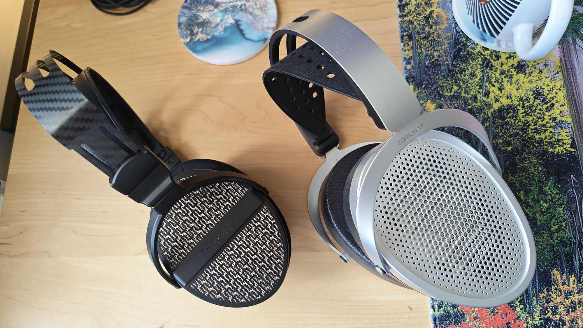 The HiFiMan Edition XV and the Thieaudio Cypher headphones side-by-side. 