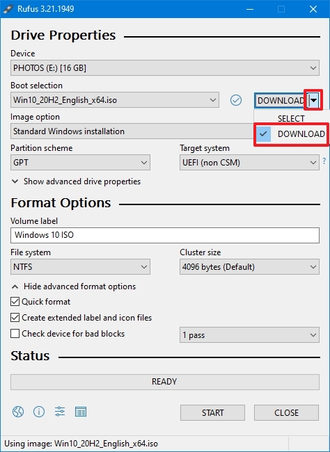 Opção de download do Rufus ISO