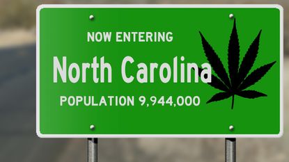 North Carolina state sign with marijuana leaf on it