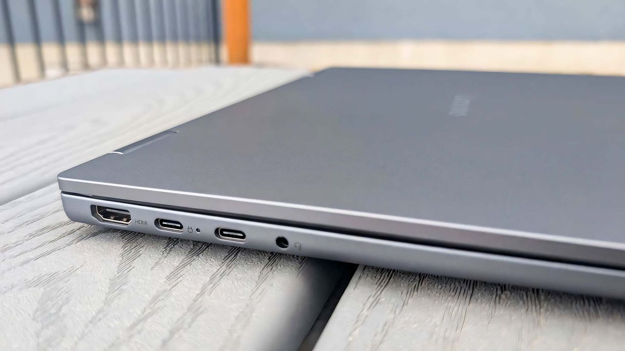 Up close of Lenovo IdeaPad 5x 2-in-1's USB-C ports, HDMI port, and headphone jack.