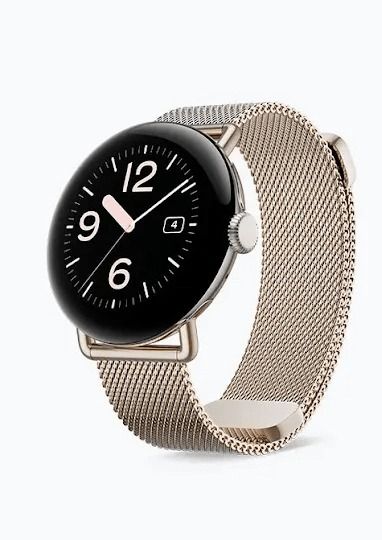 Google Pixel Watch 2 with a hazel metal mesh band
