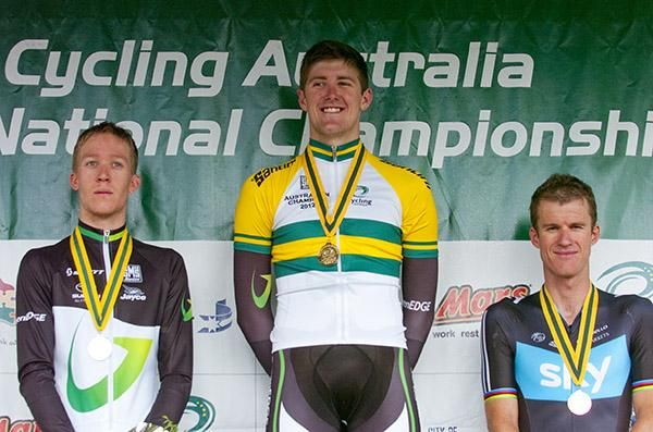 The men's elite podium (l-r): Cameron Meyer (2nd), Luke Durbridge (1st) and Michael Rogers (3rd).